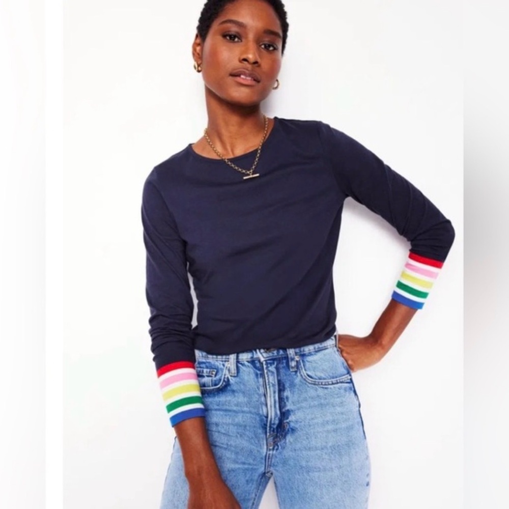Boden Women’s Navy Long Sleeve Rainbow Striped Top 4 Preppy Classic Summer